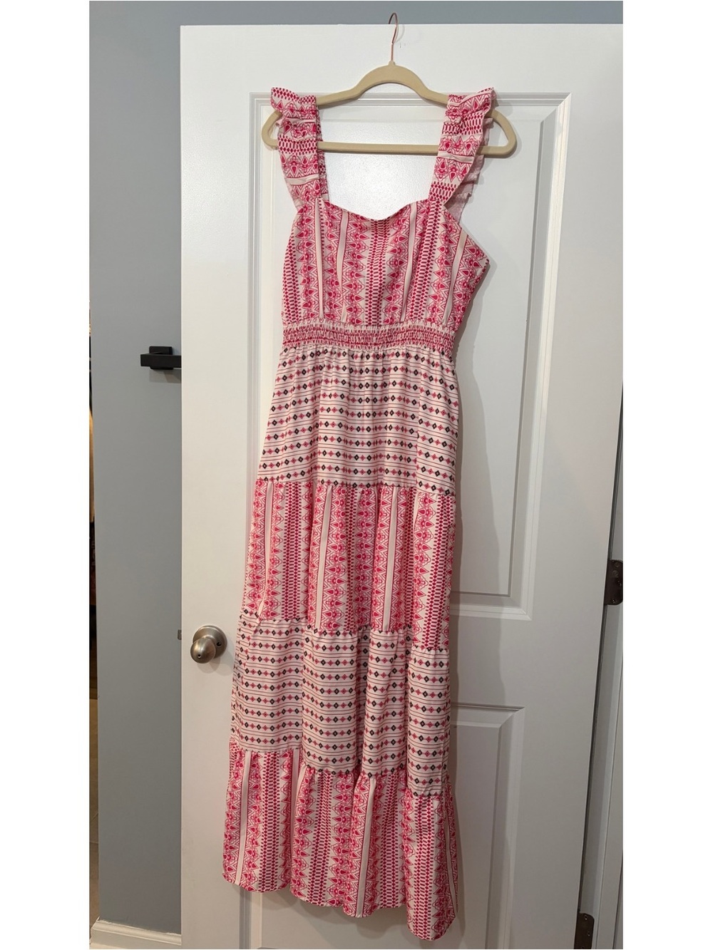 Pink Patterned Ruffle Strap Maxi Dress
